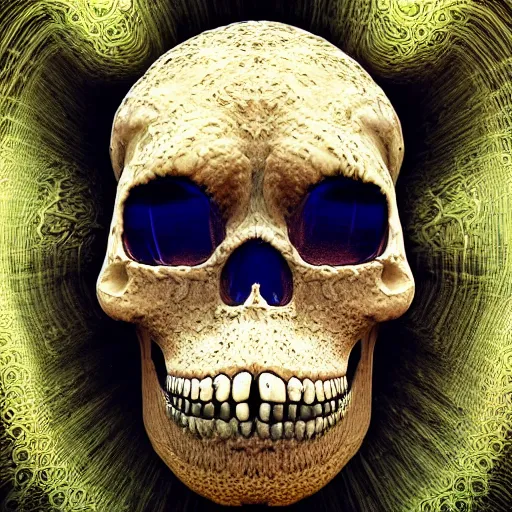 Image similar to fractal skull afro third eye art art by machina infinitum, rendered in octane, mandelbulb 3 d, ambient occlusion, macro photography