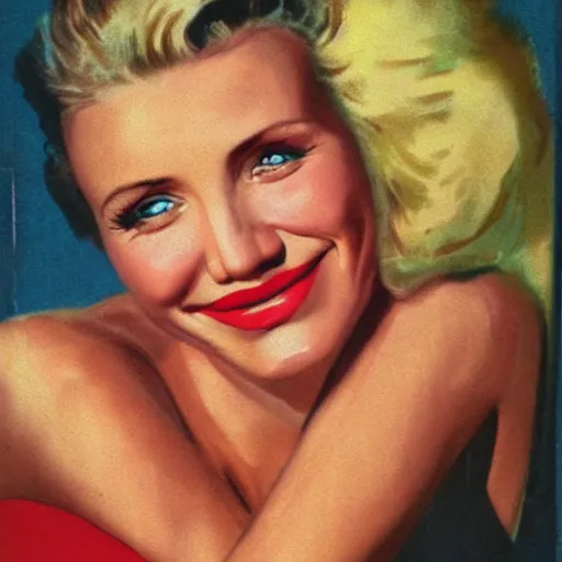 Prompt: Cameron Diaz portrait, color vintage magazine illustration 1950