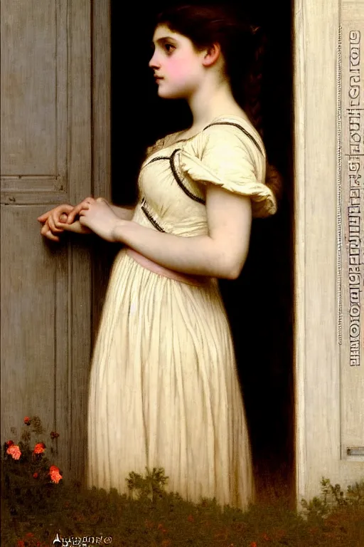 Prompt: girl in thought by auguste toulmouche and bouguereau, bright light, perfect detailed eyes, beautiful hands, pale skin, blonde hair, leaning on door