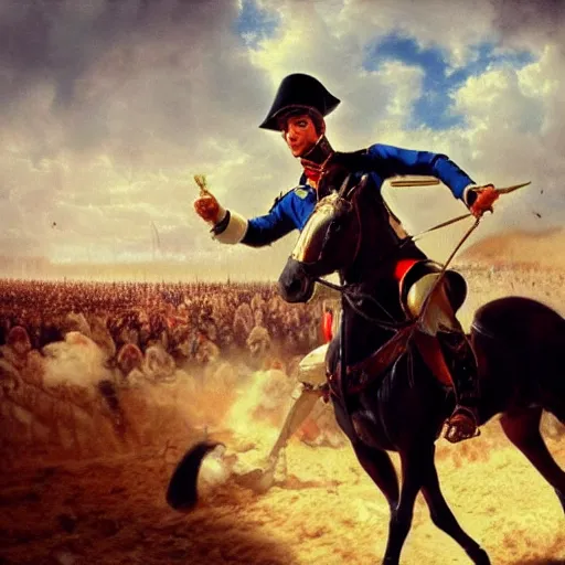 Image similar to gopro footage of napoleon on his horse fighting in waterloo, trending artstation, hyper realistic, very detailed, dramatic scene, realistic lighting, anime, 4 k