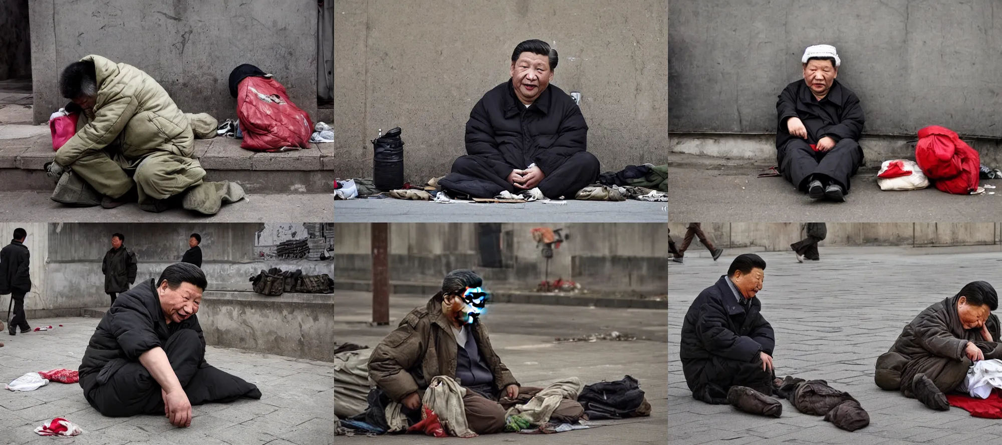 Prompt: xi jinping homeless in beijin, war photography