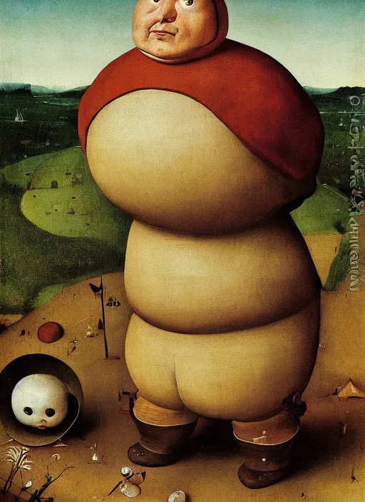 Image similar to full body detailed painting of silly round humpty dumpty with jack black facial expression, realistic, by hieronymus bosch and pieter brueghel