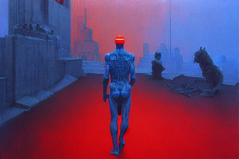 Prompt: only with blue, caesar during war, a red tiger, in hoc signo vinces, nyc in background, an ancient path, in the style of beksinski, part by hopper, part by rodcenko, part by hofbauer, intricate composition, blue by caravaggio, insanely quality, highly detailed, masterpiece, red light, artstation