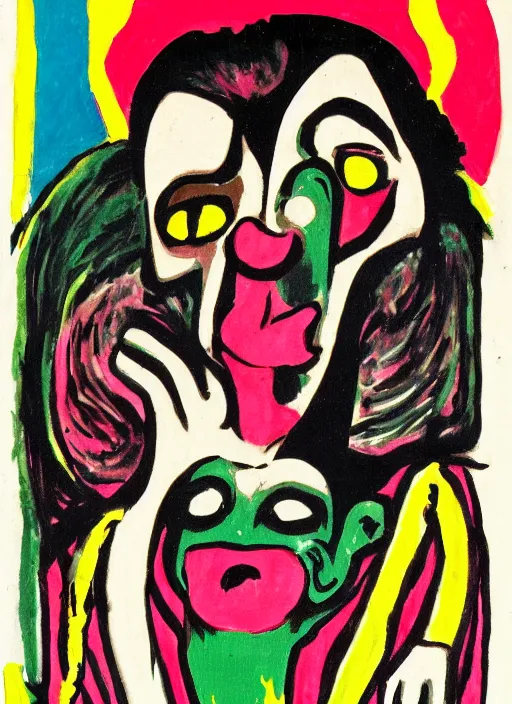 Image similar to ugly vomiting clown in the style of ernst ludwig kirchner