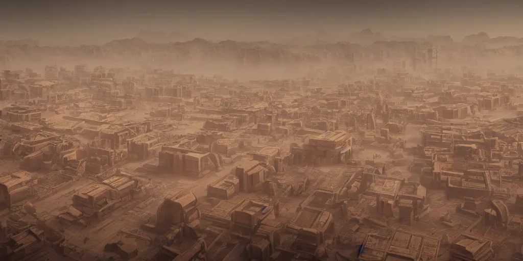 Image similar to ancient urban city super wide aerial view, building, desert, temple, cinematic composition, mist, obscure render light dark, blade runner 2 0 4 9