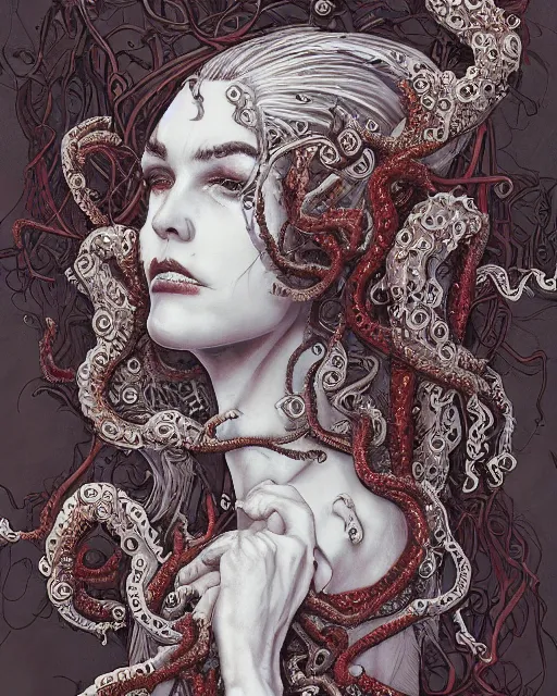 Image similar to centered beautiful detailed side view profile portrait of a insane, crazed, mad vampire old woman, ornate bleeding tentacles growing around, ornamentation, thorns, vines, tentacles, elegant, beautifully soft lit, full frame, by wayne barlowe, peter mohrbacher, kelly mckernan, h r giger