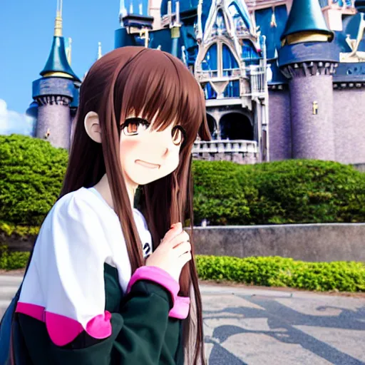 Image similar to menhera - chan, anime girl with long brown hair and black hoodie, posting in front of the wdw castle, kyoani, kyoto animation, key visual