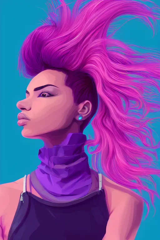 Prompt: a award winning half body portrait of a beautiful woman in a croptop and cargo pants with ombre purple pink teal hairstyle with head in motion and hair flying by wlop, outrun, vaporware, shaded flat illustration, digital art, trending on artstation, highly detailed, fine detail, intricate