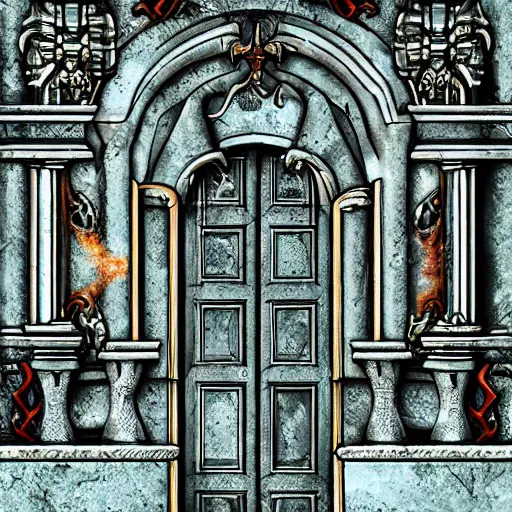 Prompt: entrance of a mansion, gargoyles, plants, highly detailed, realistic, background of resident evil game