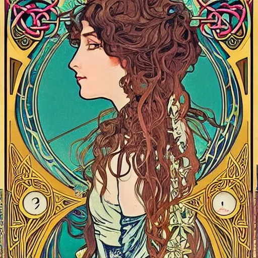 Image similar to lady with long curly hair with a cat beside her, with celtic spread tarot cards on a table in front of her, in a gypsy tent with Alphonse Mucha art nouveau poster style, with thin lines and pastel colors,