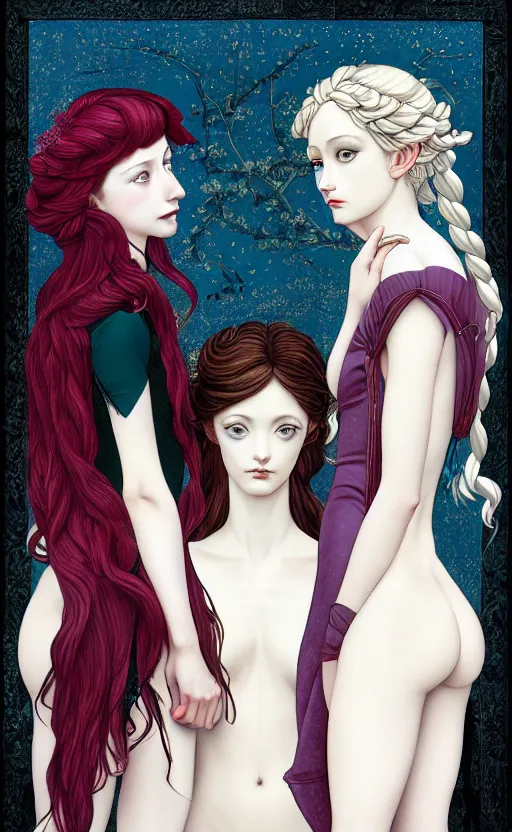 Image similar to 3 muses, (Representing the 3 months of December, January, and February), in a mixed style of Botticelli and Æon Flux, inspired by pre-raphaelite paintings, shoujo manga, and Harajuku street fashion, sparse frozen landscape, dark and moody colors, hyper detailed, super fine inking lines, dramatic lighting, 4K extremely photorealistic, Arnold render