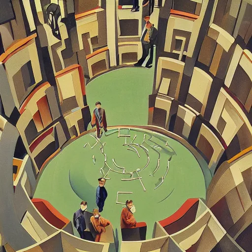 Prompt: A suited man in a hat, standing in the middle of a circular head-shaped maze labyrinth, overhead shot, wide shot, painting, stylistic, art by Norman Rockwell