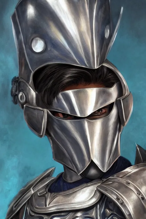 Image similar to a male teenager wearing a silver plate armor, short black hair, artgem style, fancy lighting, complementary colours, face portrait, harmonious, soft colors, digital painting, masterpiece, realistic and detailed face, color painting, realistic, highly detailed, high quality, portait picture, anatomically correct, pixar and disney style, anime style