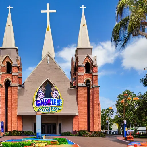 Prompt: exterior of Chuck E. Cheese historic cathedral