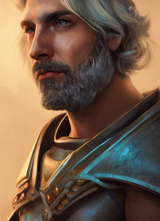 Prompt: an epic fantastic realism comic book style portrait painting of an aasimar paladin, male, shaggy silver hair, scruffy brown beard, d & d concept art, unreal 5, daz, teal aesthetic, octane render, cosplay, rpg portrait, dynamic lighting