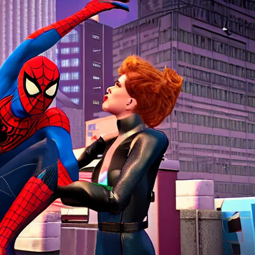 Image similar to transgender Spider-Man with makeup and lipstick fighting supervillain George Michael, ps5 game, cinematic, cut-scene