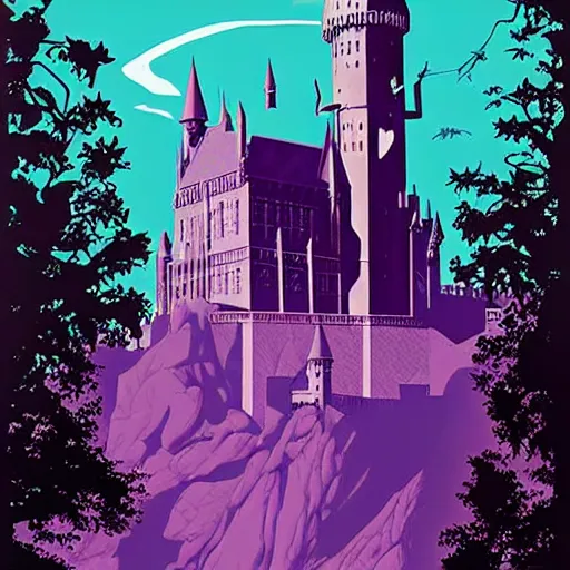 Image similar to poster artwork by Michael Whelan and Tomer Hanuka, of Hogwarts Castle, clean