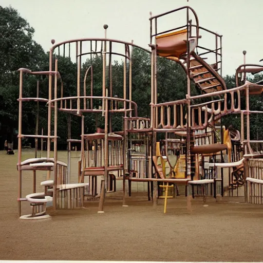 Prompt: full - color 1 9 7 0 s photo of a vast incredibly - large complex very - dense tall many - level playground in a crowded schoolyard. the playground is made of wooden planks, rubber tires, metal bars, and ropes. it has many spiral staircases, high bridges, ramps, balance beams, and metal tunnel - slides.