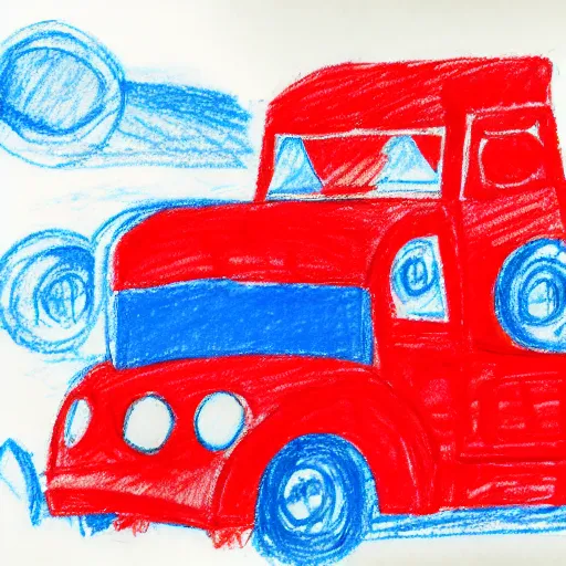 Image similar to a poorly drawn red truck with blue wheels, drawn using crayons, red and blue crayon, drawn on white paper