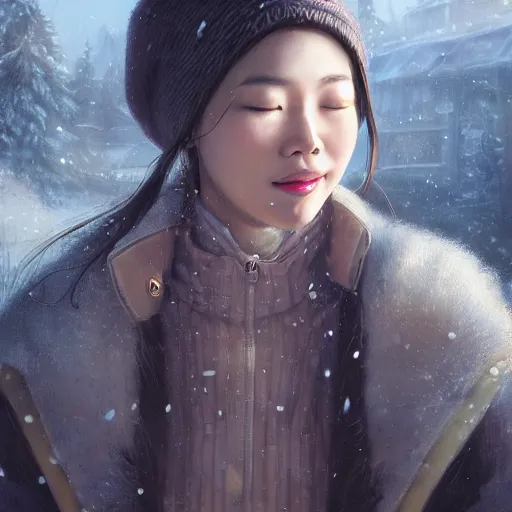 Image similar to the portrait a beautiful grocery young asia woman in down jacket, with a goosethe background is dust earth road ， river winter an snow, illustration by wenjun lin, irakli nadar, bright colors, octopath traveler, wenjun lin, unreal engine 5 highly rendered, global illumination, radiant light, detailed and intricate environment