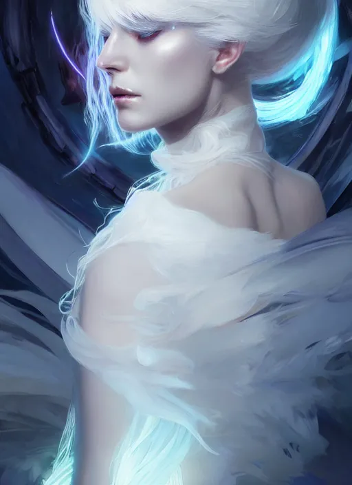 Image similar to a beautiful white haired sorceress, intricate, elegant, highly detailed, digital painting, artstation, concept art, smooth, sharp focus, cyberpunk darksynth, illuminated lines, enchanted magic, vaporware, dark smoky background, ethereal, misty, 8 k, by ruan jia and ilya kuvshinov and jeremy mann and alphonse mucha