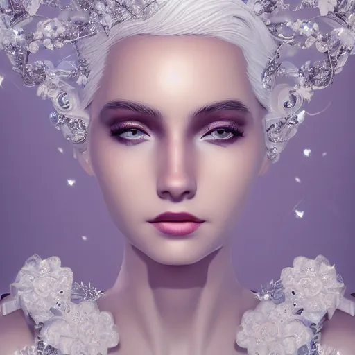 Image similar to portrait of wonderful princess of white diamonds with fair skin, white hair, white flowers, ornate with white diamonds, 8 k, gorgeous, intricate, detailed, glowing white accent lighting, dramatic lighting, octane render