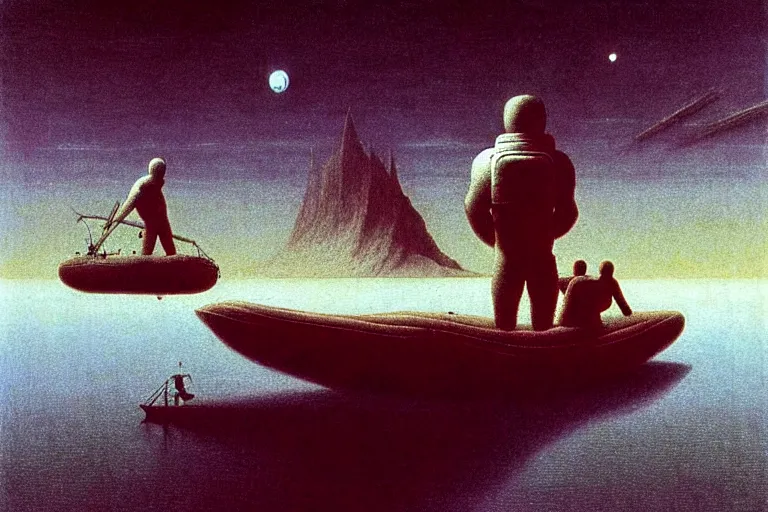 Prompt: astronaut in rubber boat, in the style of beksinski, parts by roger dean, parts by dean ellis, intricate and epic composition, white by caravaggio, insanely quality, highly detailed, masterpiece, white light, artstation, 4 k