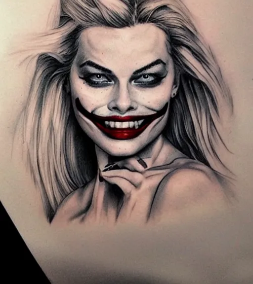 Image similar to tattoo design sketch of beautiful margot robbie portrait with joker makeup, in the style of den yakovlev, realistic face, black and white, faded outline, realism tattoo, hyper realistic, highly detailed