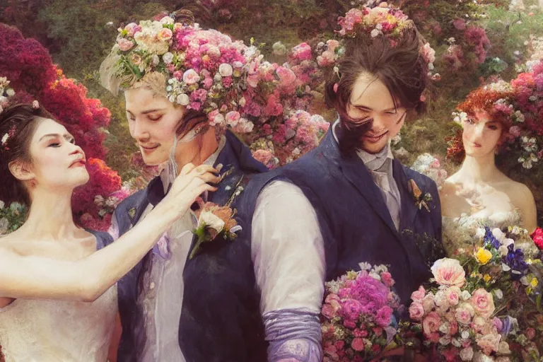 Image similar to the groom look at the bride at a wedding full of flowers, bright and happy, dreamlike art, highly detail, 4 k realistic, wedding photoy krenz cushart, artem demura, yoji shinkawa artgerm, jon lothian, danilo torres. adi meyers. thomas reimann. gaston bussiere.