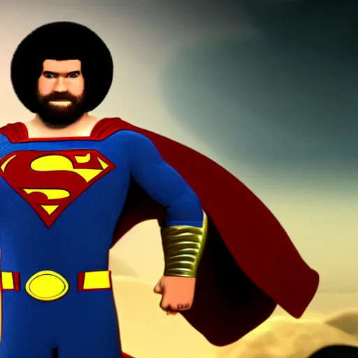 Image similar to bob ross as superman, cinematic lighting. 4 k.