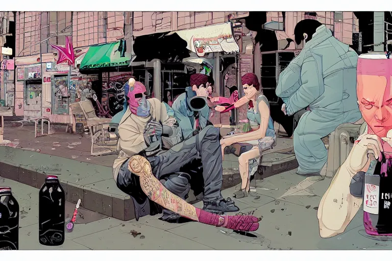 Image similar to cyborg drinking Coke at a dirty crouded streetcorner, cyberpunk, by Josan Gonzalez and Tomer Hanuka and Moebius