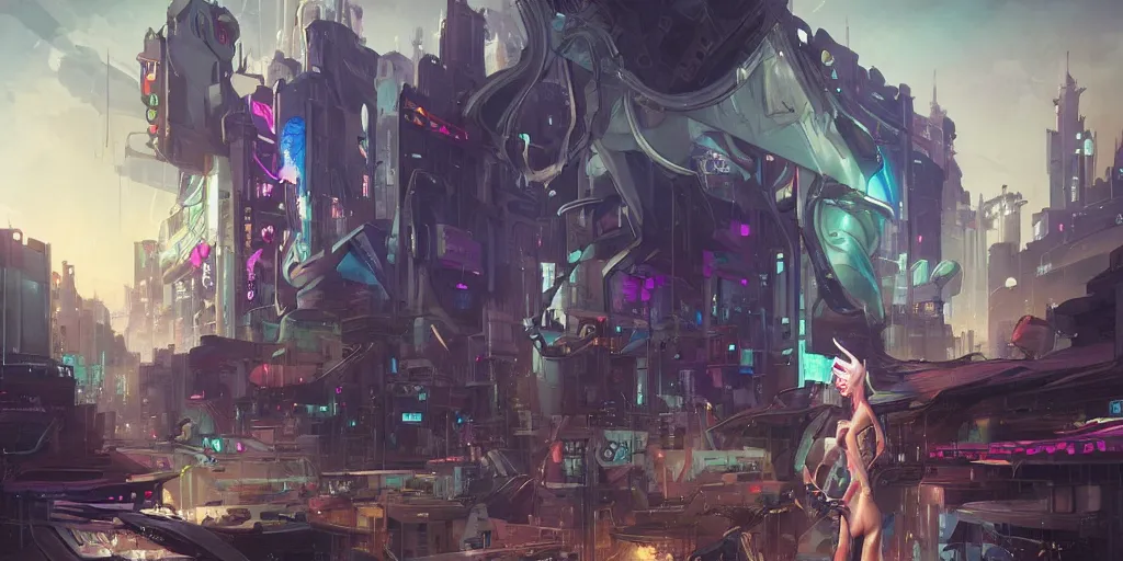 Image similar to unicorn in a futuristic cyberpunk town. By Peter Mohrbacher, highly detailed