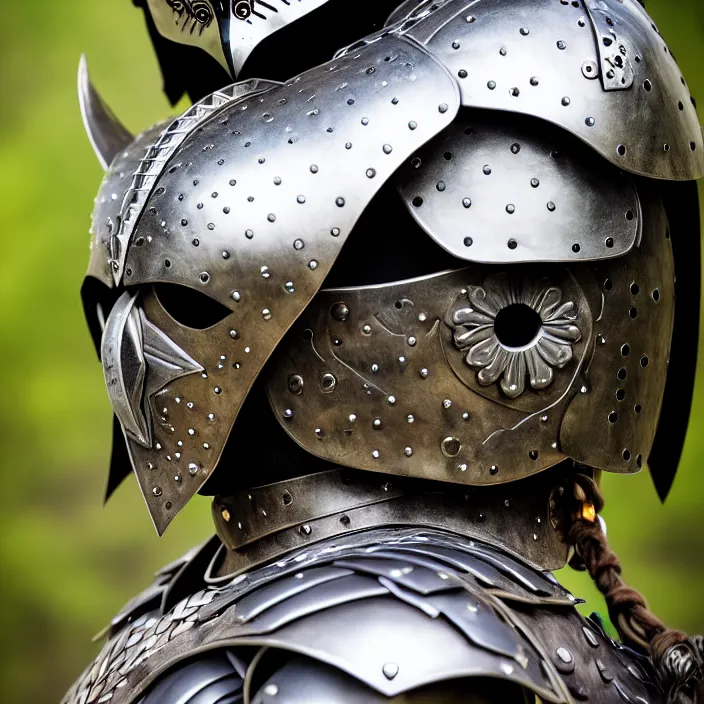 Image similar to portrait photograph of a warrior with metal owl armour. Extremely detailed. 8k