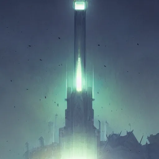 Image similar to A huge tower in a deserted landscape emitting a green light in the distance, dark atmosphere, intricate, cinematic lighting, highly detailed, digital painting, artstation, concept art, smooth, sharp focus, illustration, art by Artgerm and Greg Rutkowski, Cgsociety