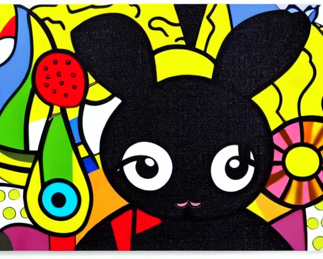 Prompt: a super cute black bunny, fine art by romero britto