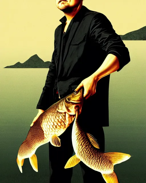 Image similar to photograph of leonardo dicaprio holding a carp in his both hands. movie poster, illustration by bartek fedyczak, erak note, tooth wu, neil richards, kan liu, siwoo kim, jisu choe, trending on art station