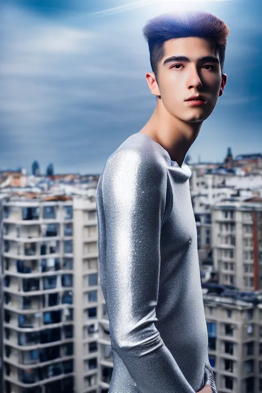 Image similar to un ultra high definition studio quality photographic art portrait of a young man standing on the rooftop of a british apartment building wearing soft padded silver pearlescent clothing. three point light. extremely detailed. golden ratio, ray tracing, volumetric light, shallow depth of field. set dressed.