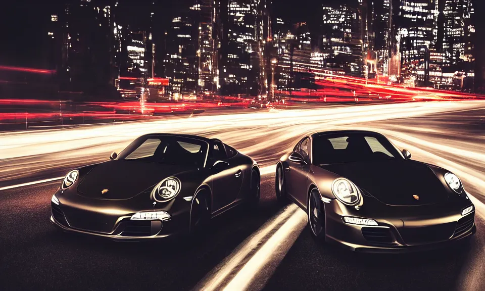 Image similar to photo of a porsche 911 at night driving fast through a city, cinematic, 4k, long exposure photography, tokyo drift, fast and furious, film still, night photography, motion blur, lens flare, movie shot, light trail