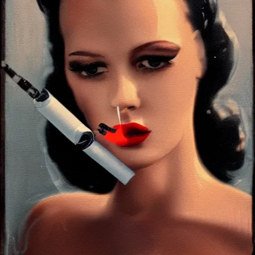 Image similar to beautiful portrait of a sultry female robot smoking a cigarette, film noir