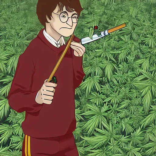 Prompt: harry potter in a jungle of weed plants, smoke everywhere, holding a wand that is a cigarette and a joint smoking out of it smoke, red eyes, bloodshot eyes, smoking weed