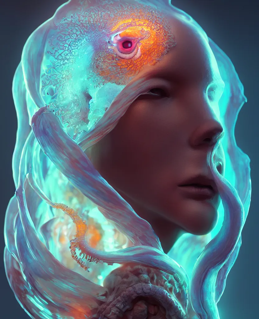 Image similar to hooded goddess close - up portrait hooded human skull, ram skull, squid phoenix jellyfish, orchid, betta fish, bioluminiscent, intricate artwork by tooth wu and wlop and beeple. octane render, trending on artstation, greg rutkowski very coherent symmetrical artwork. cinematic, hyper realism, high detail, octane render, 8 k