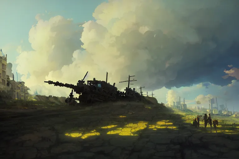 Image similar to baroque oil painting of anime key visual environment concept art of anime rail canon artillery firing at enemy lines, smoke debris, grimdark steampunk fantasy, battlefield, trending on artstation, brush strokes, oil on canvas, style of makoto shinkai and greg rutkowski and studio ghibli