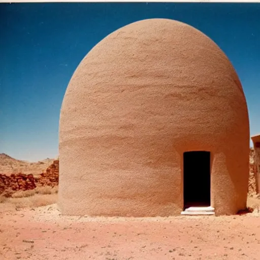 Image similar to a Non-Euclidean orb-like clay house sitting in the desert, vintage photo, beautiful cinematography, blue sky, film grain