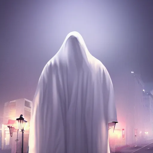 Image similar to digital portrait of ghost under a sheet, floating over a city sidewalk, city night lights, spooky Halloween fun, trending on artstation, 8k, 4k, volumetric lighting, unity