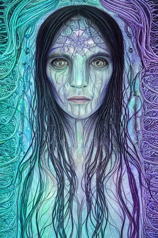 Image similar to dark underwater portrait of a Bioluminescent woman, with reaction diffusion semi-transparent skin. face closeup. long intricate dark hair, with jellyfish. very high detail, illustration, by alex grey