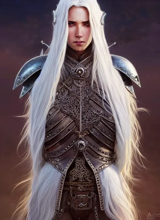 Image similar to warrior, leather armor!!! long wild white hair!! covered chest!!! fantasy, d & d, intricate ornate details, digital painting, pretty face!!, symmetry, concept art, sharp focus, illustration, art by artgerm! greg rutkowski magali villeneuve wlop! ilya kuvshinov!!, octane render