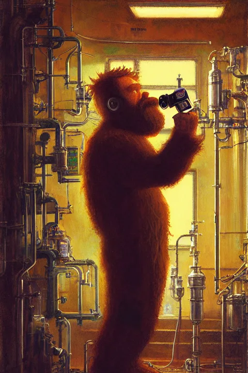 Image similar to full - body portrait of bearded ginger man wearing scientist costume taking photos of beer, by donato giancola, craig mullins, jeremy mann, face details, extremely detailed, bokeh, photorealistic, reflections, digital illustration