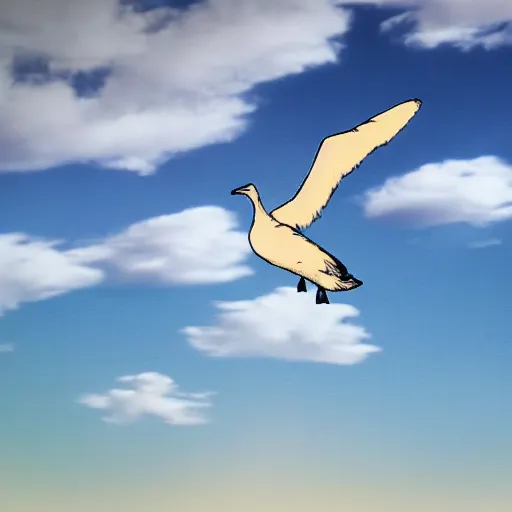 Image similar to Digital art of a woman riding a giant seagull in the sky