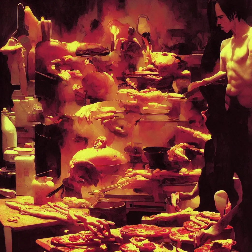 Prompt: weird and disturbing portrait of nick cave baking pizza, vivid colors, death, neon, art by ( ( ( kuvshinov ilya ) ) ) and wayne barlowe and thomas eakins and artgerm and wlop and william - adolphe bouguereau