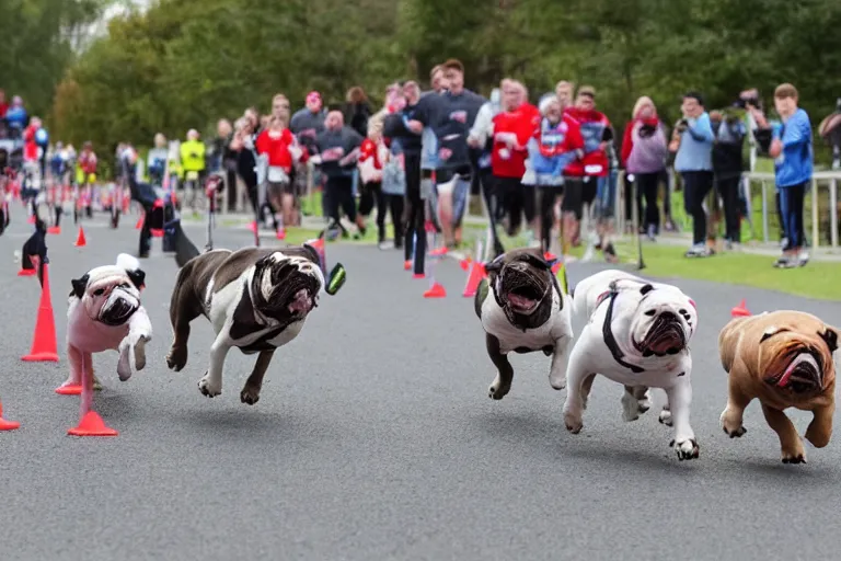 Image similar to bulldogs that are running in a race to cross a finish line